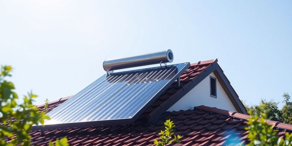 Painel solar instalados em telhado com céu azul.