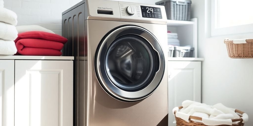 Máquina de lavar eficiente em ambiente iluminado e moderno.