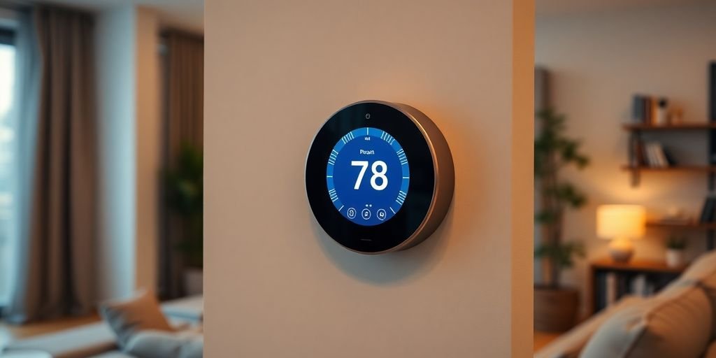 Termostato inteligente em um ambiente moderno e aconchegante.